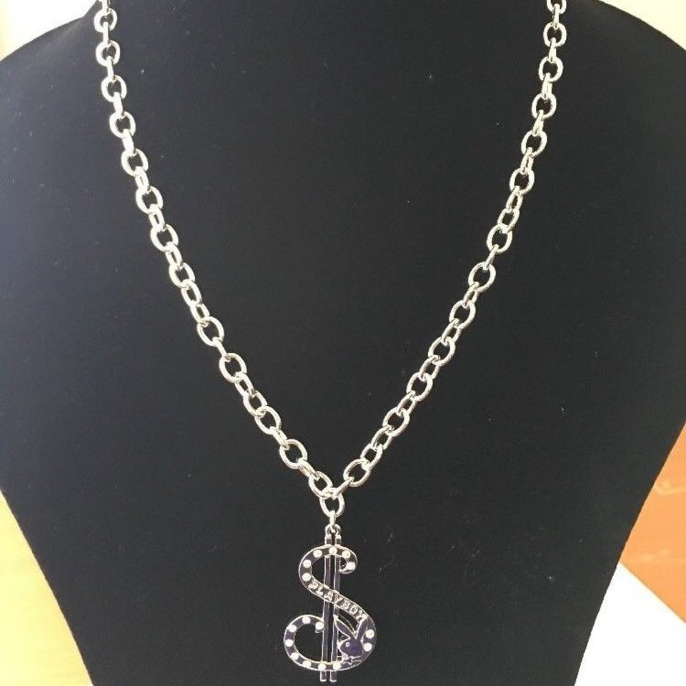 Playboy Necklace Dollar Sign Pendant Bunny Logo Crystal $ Cash Money Hip Hop y2k - Picture 3 of 12